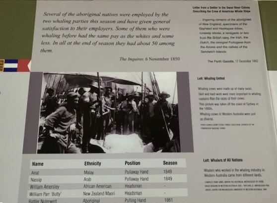 Alt text: A close up of a text panel, detailing nationalities of whaling workers. There is a black and white photo from the 1800s showing a whaling crew on board a ship, holding their tools and gathered around a whale on deck.