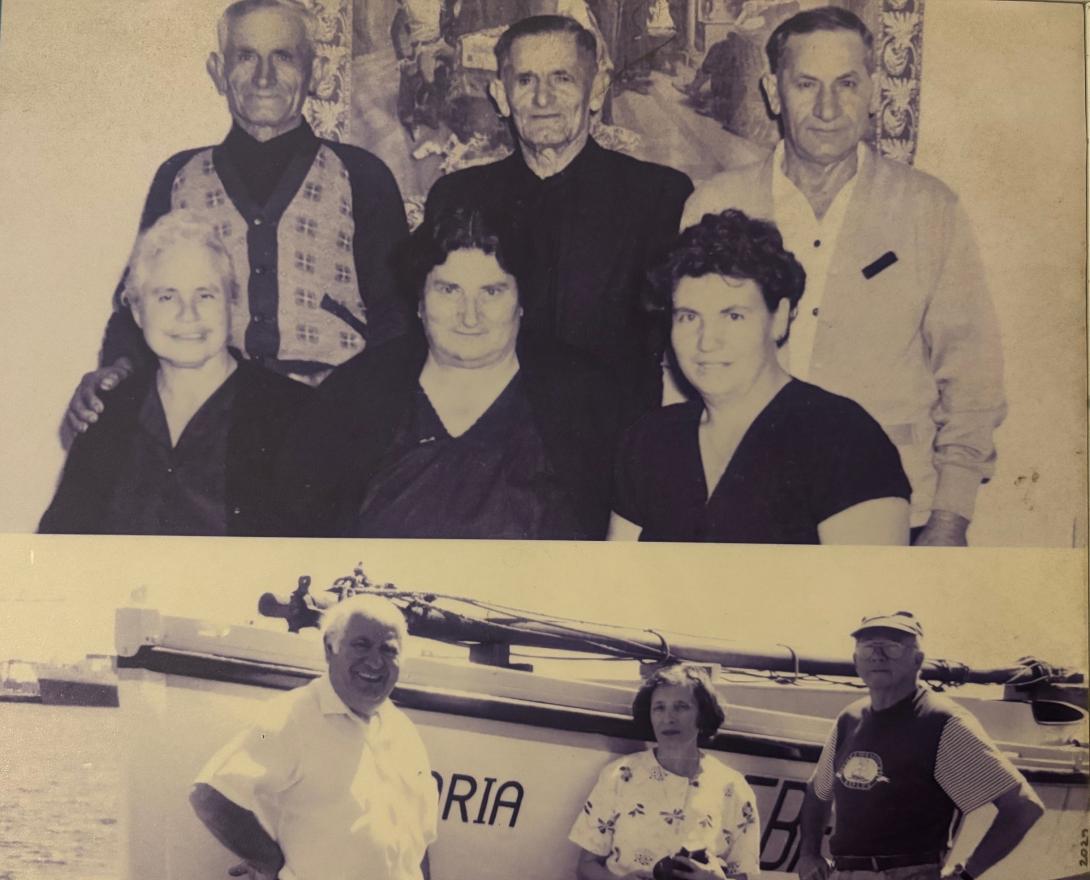 A black and white photo showing three older men standing. In front of them are three mature women dressed in black, all seated. Another black and white phot below this one shos a woman flanked by men on either side, standing in front of a boat call Doria.