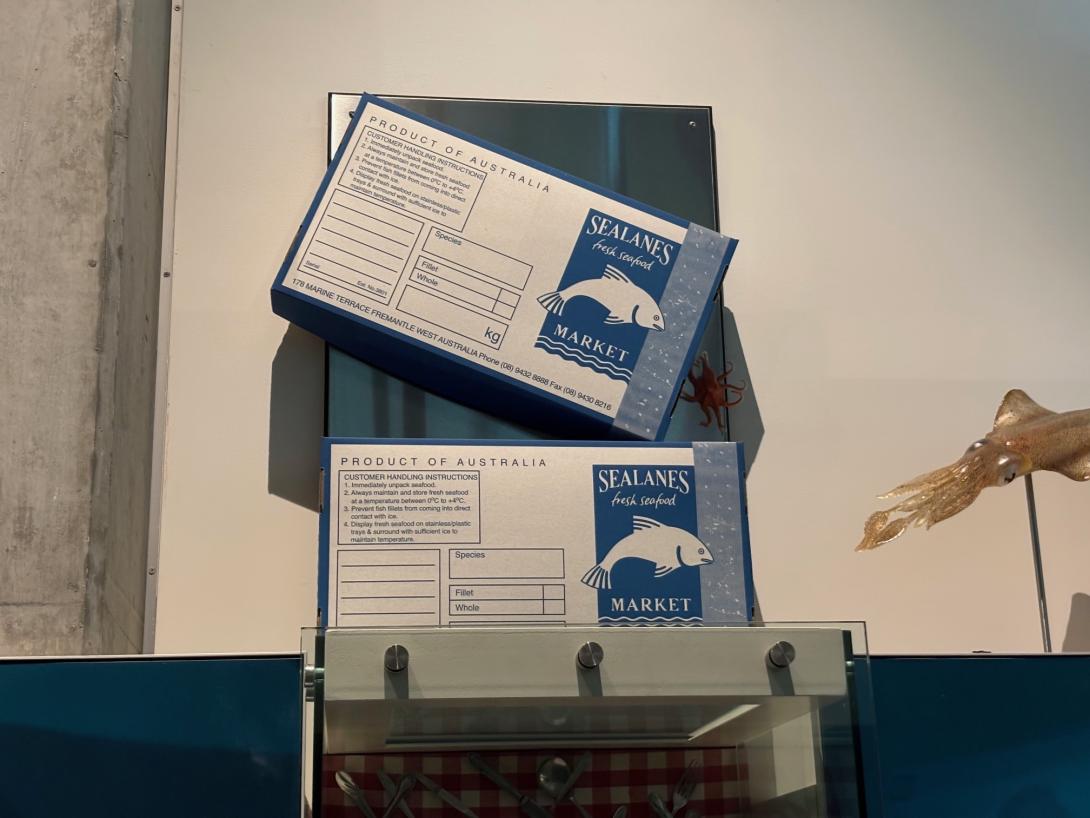 blue and white packing boxes for fresh seafood