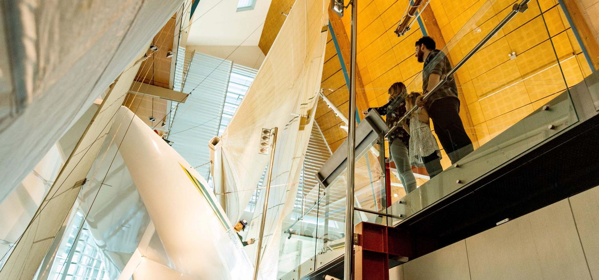 From the Swan River gallery walkway, viewing the Australia II yacht with the ocean through the large windows beyond is a highlight of the Museum.