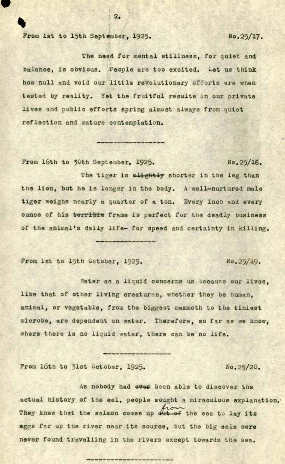 Four separated paragraphs of typewritten text on yellowed paper.