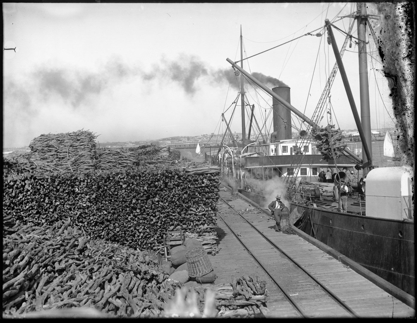 An enormous pile of sandalwood on Fremantle's dock. A crane is lifting a load of sandalwood onto a docked ship.