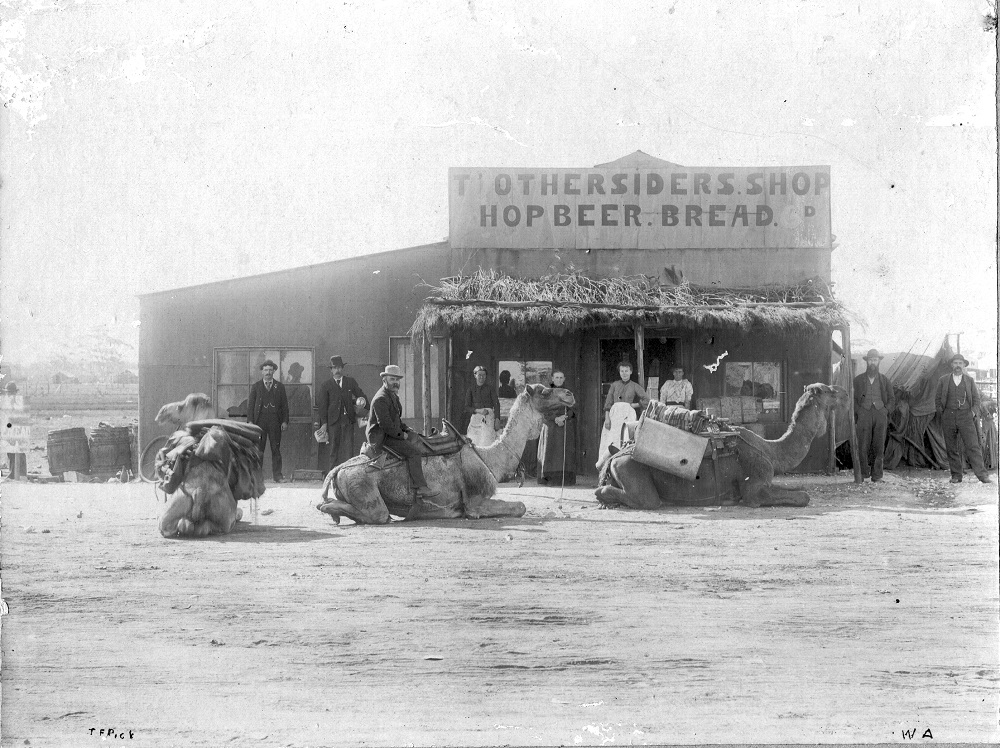 A shop selling hops, beer and bread. Camels sit on the ground in front.