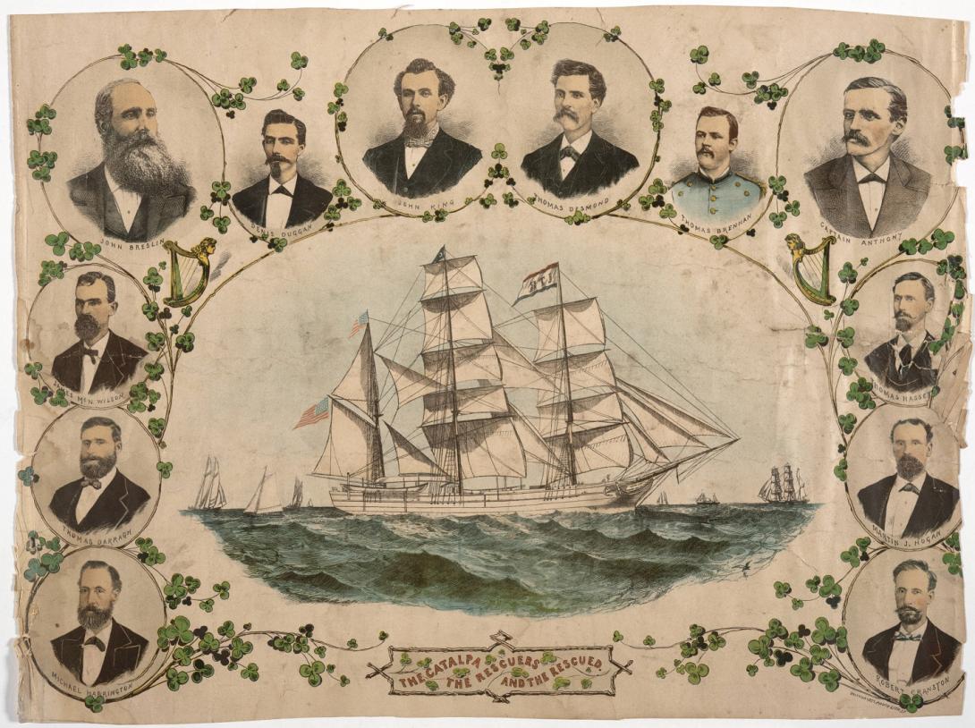 Portraits of the Fenian prisoners and rescuers surrounding a drawing of the Catalpa at sail.