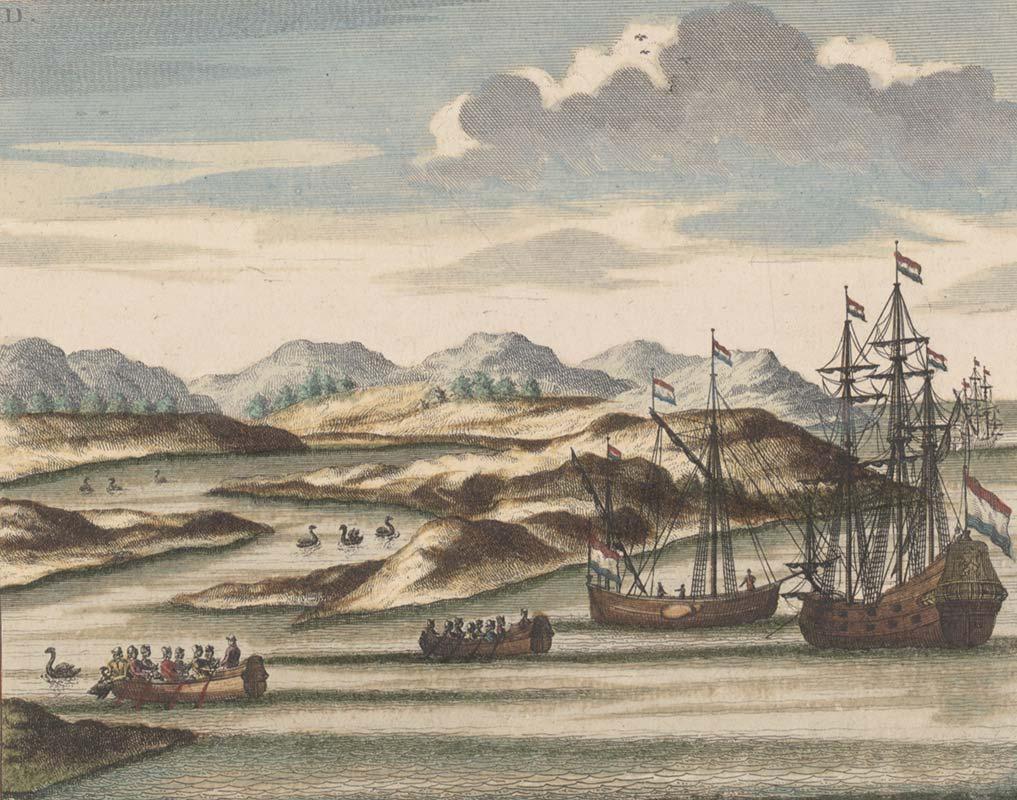 A colour drawing of a large and smaller Dutch sailing ship, with two boats rowing up the river to capture black swans.