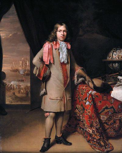 An oil painting of a finely dressed Dutch gentleman. Navigational equipment and a glob are nearby. Outside the building are several sailing ships on the water.