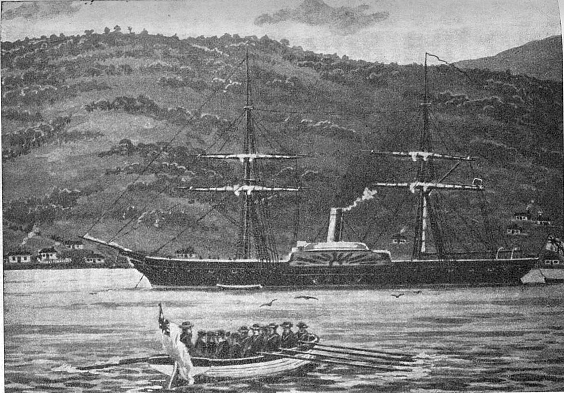 A ship with both masts and a steam funnel visible. A rowboat in front of it flies a British flag.