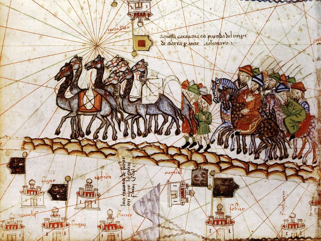 A colourful drawing of camels carrying goods along a road, followed by men on foot and then by other men on horses. Many cities, some with flags, are depicted as small icons along the route.