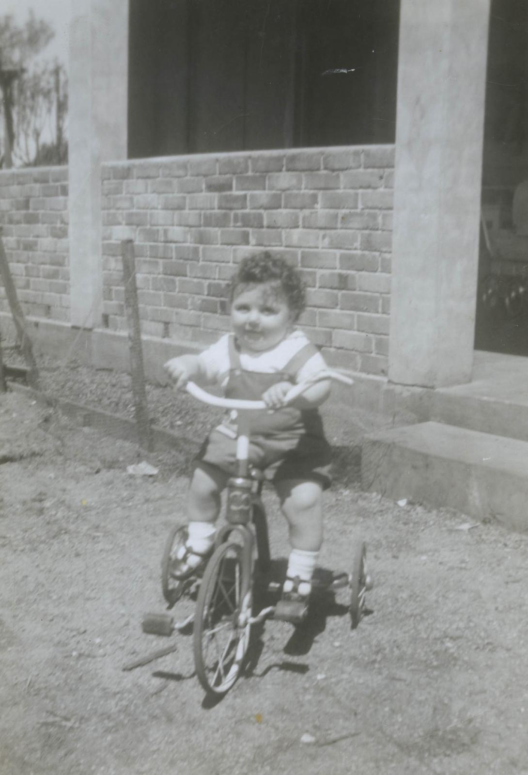 Tony as a toddler riding a tricycle.