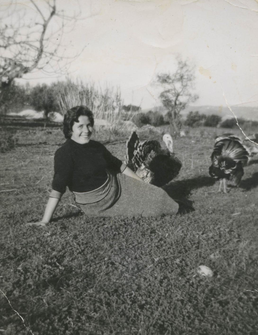 Adele sitting on the ground next to some turkeys.
