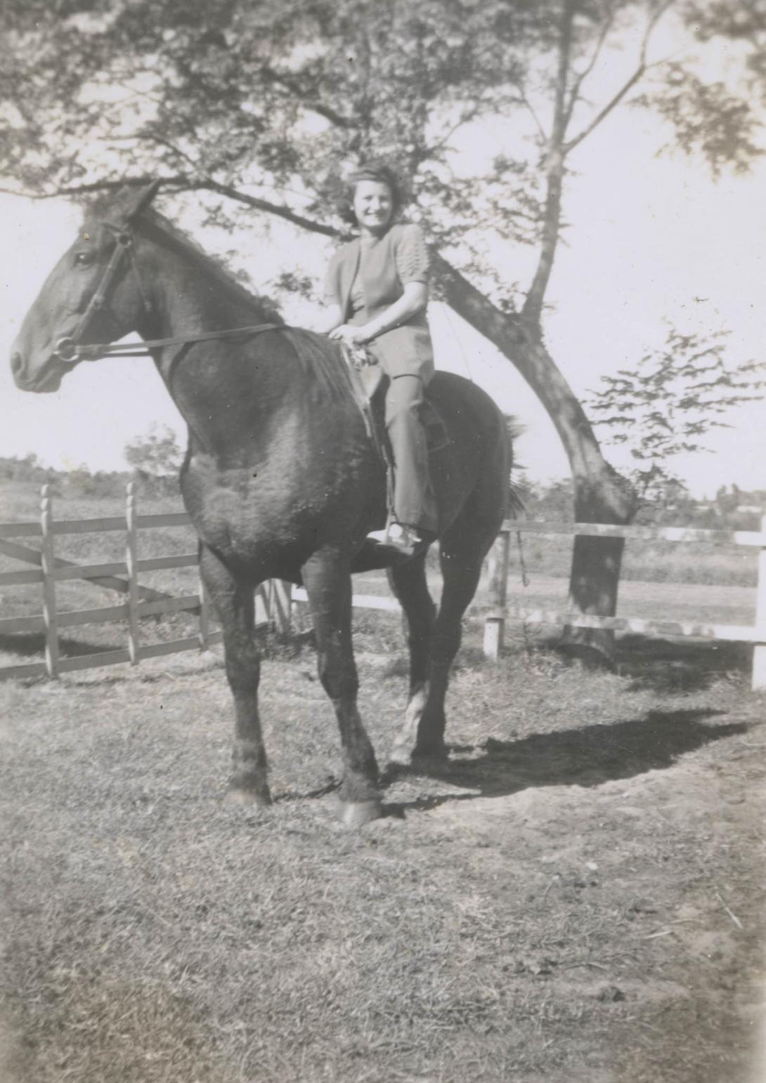 Doris on a large horse beside a wooden fence.