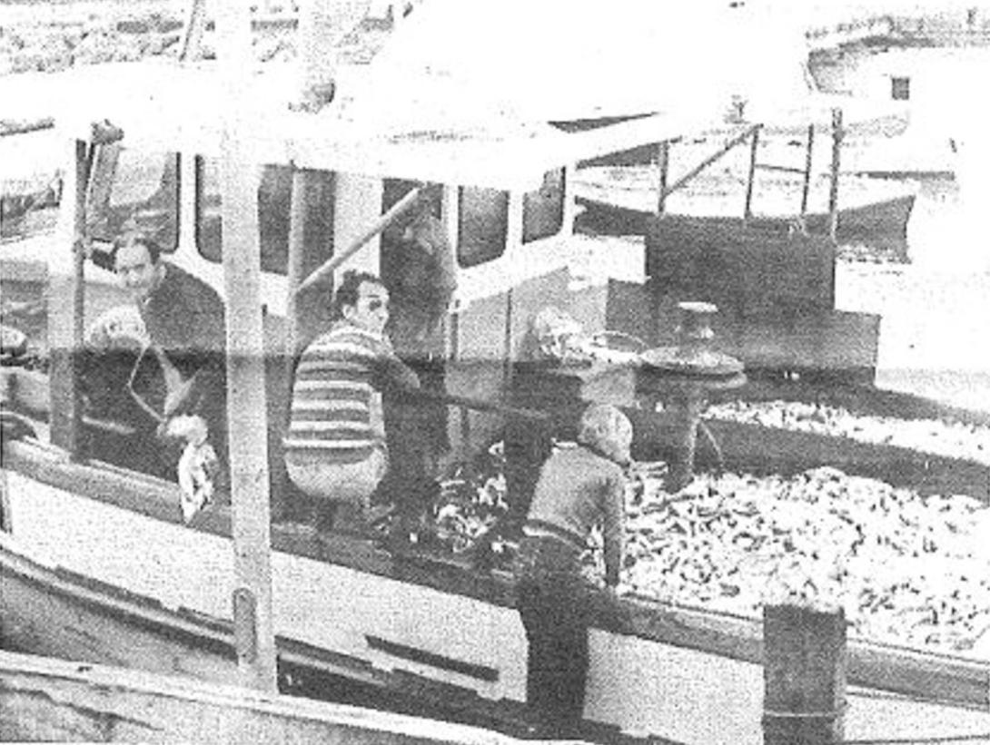 A grainy photo, maybe from an old book or magazine, showing the boat and its crew unloading the fish.