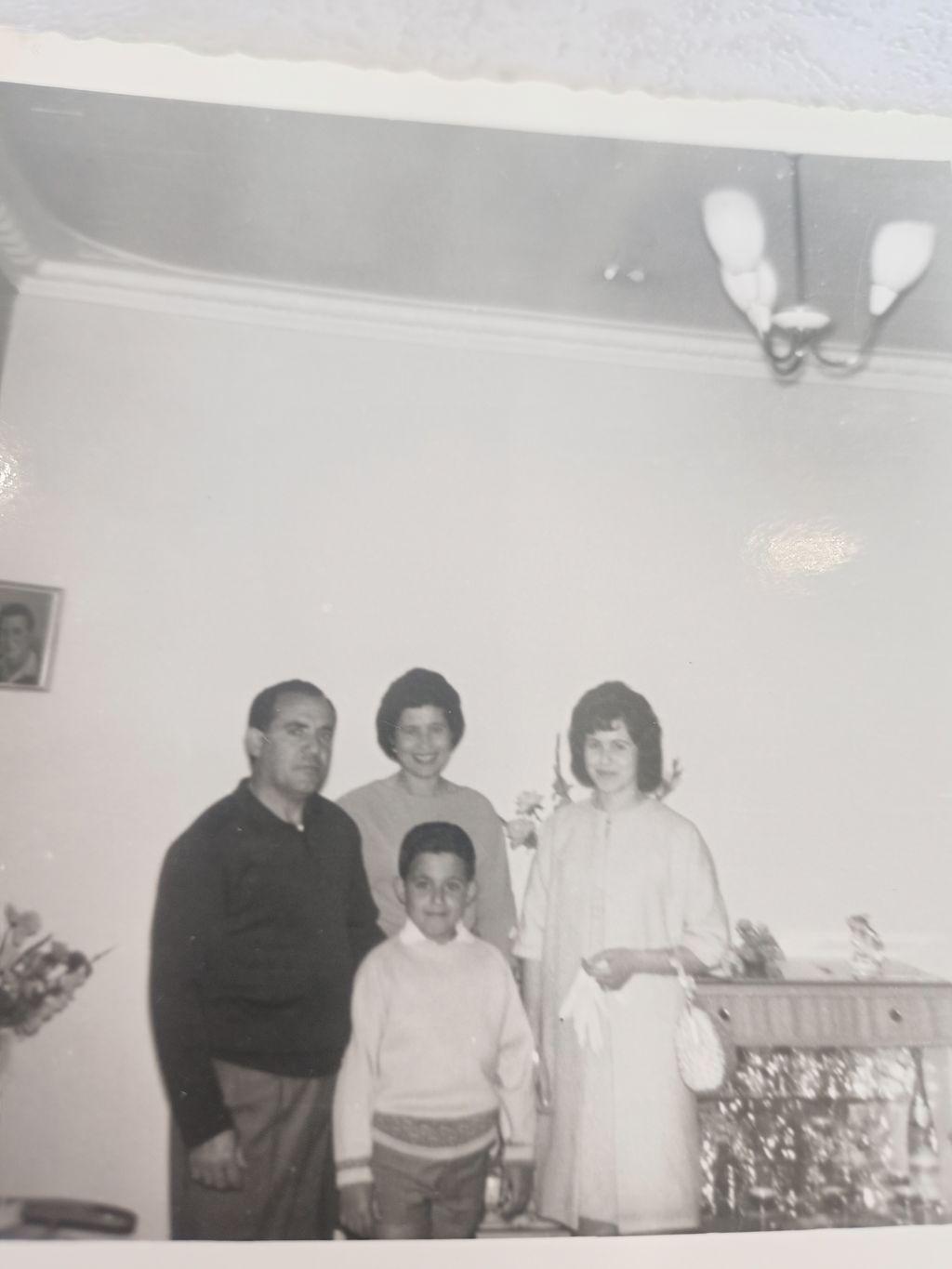 Black and white photo of the family at home