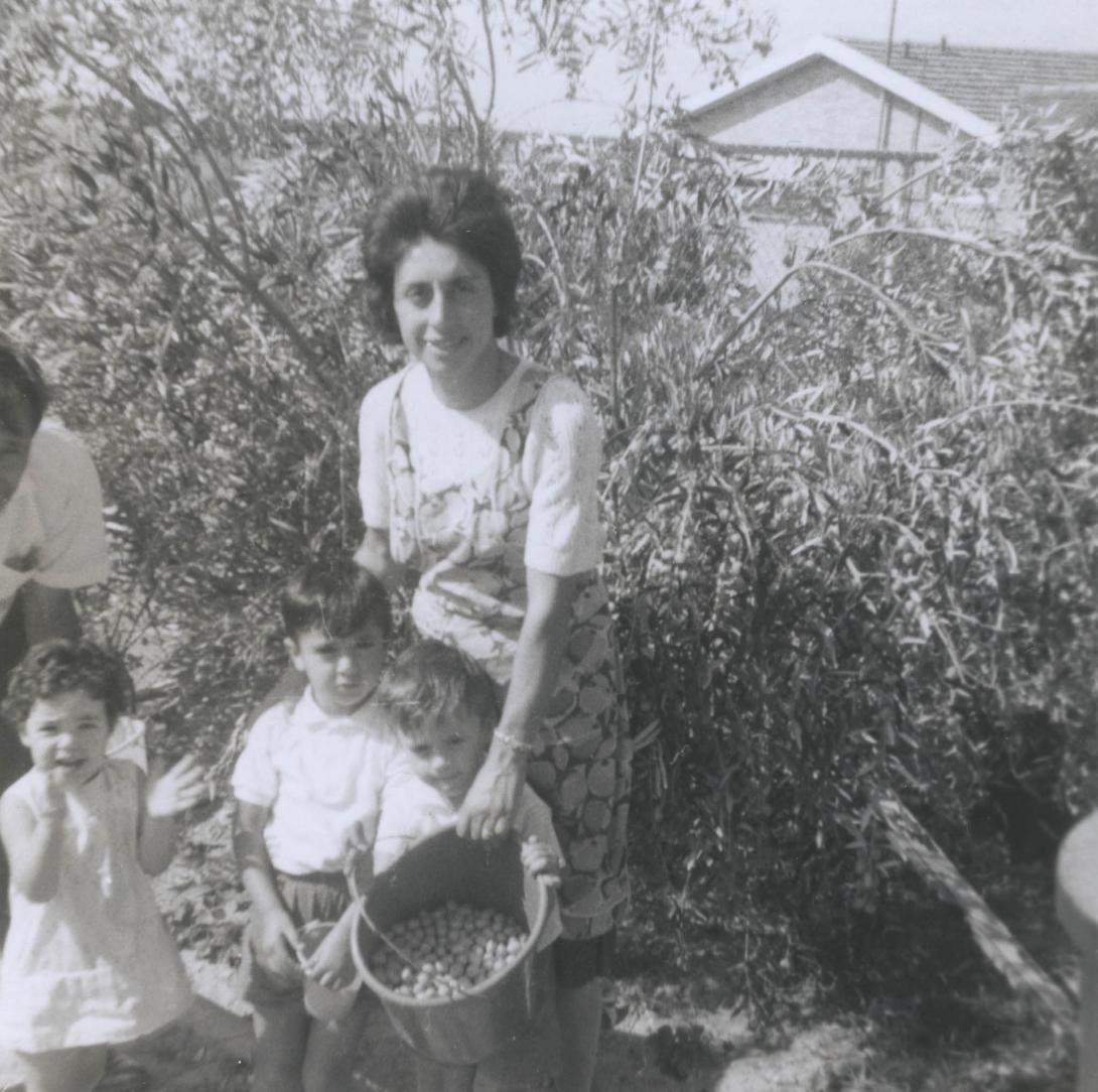 The three boys help Marianna carry a bucket of freshly picked produce.