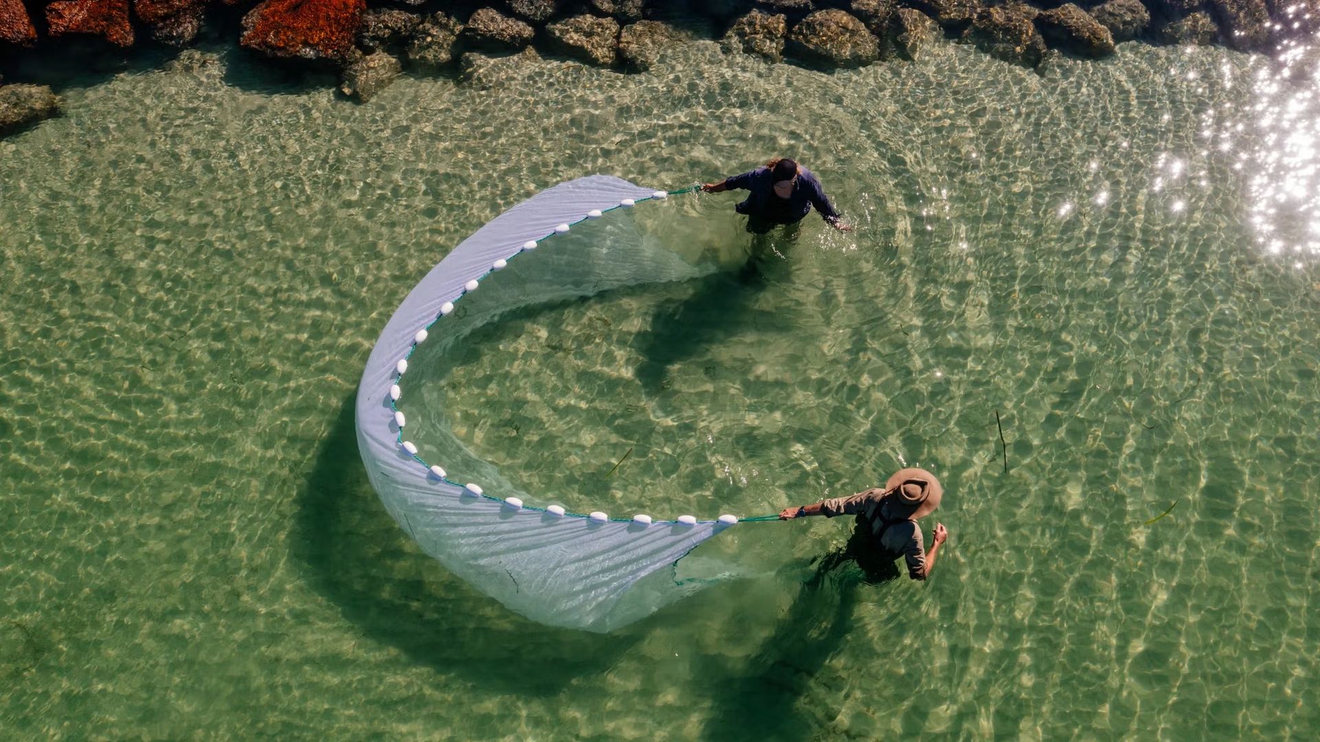 Shona Coyne and Glenn Moore seine fishing at Emu Point, May 2025.
