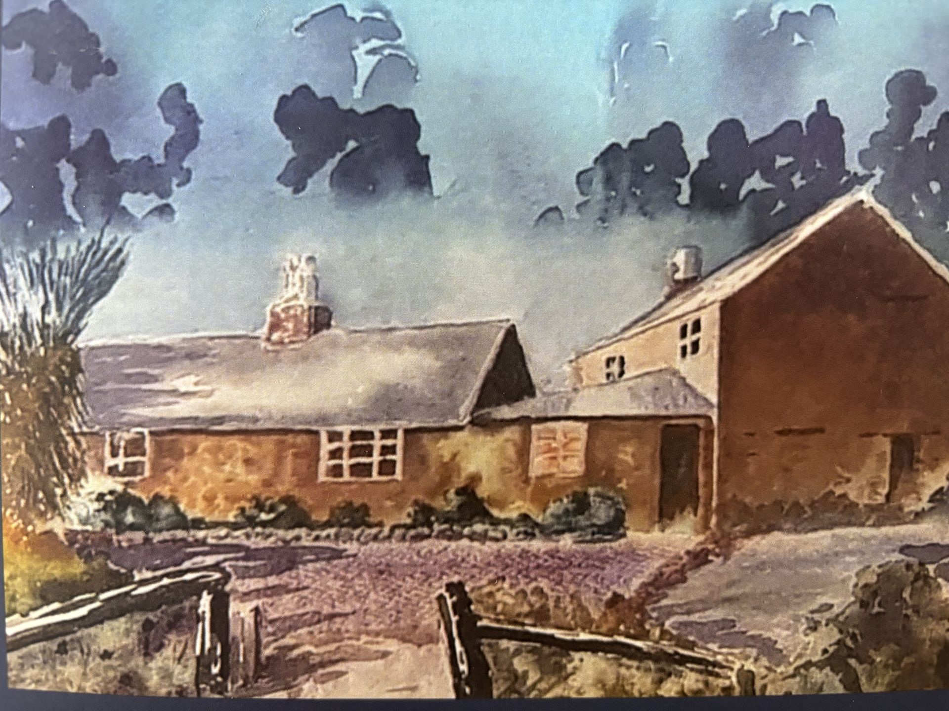 a watercolour painting of a house with sky and a front yard