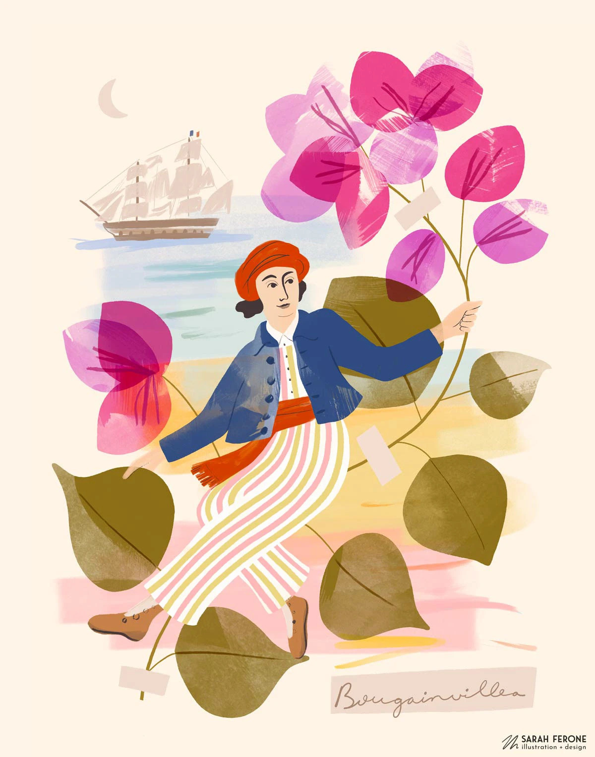an illustrated image of a female presenting adult dressed in a few sailor outfits with a ship in the background