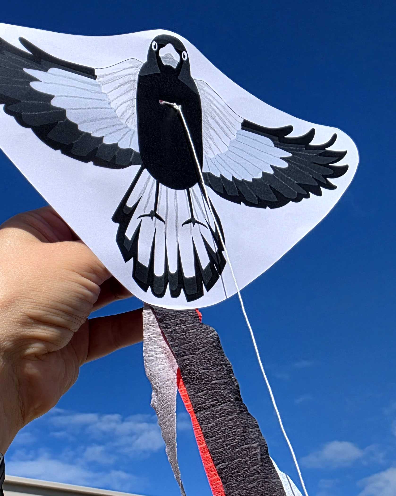 A hand holding up a kulbardi/magpie kite craft activity with a blue sky background, available at Fremantle WA Day celebrations in 2026.