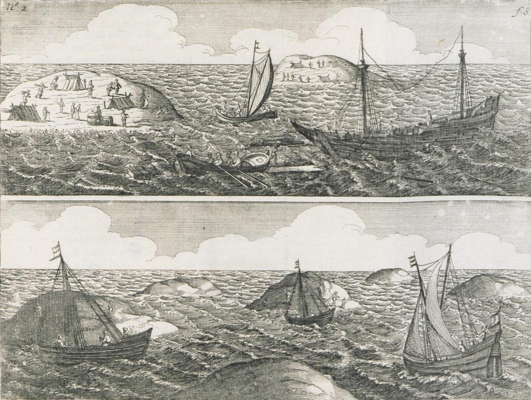 Drawings of the Batavia shipwreck and survivors.