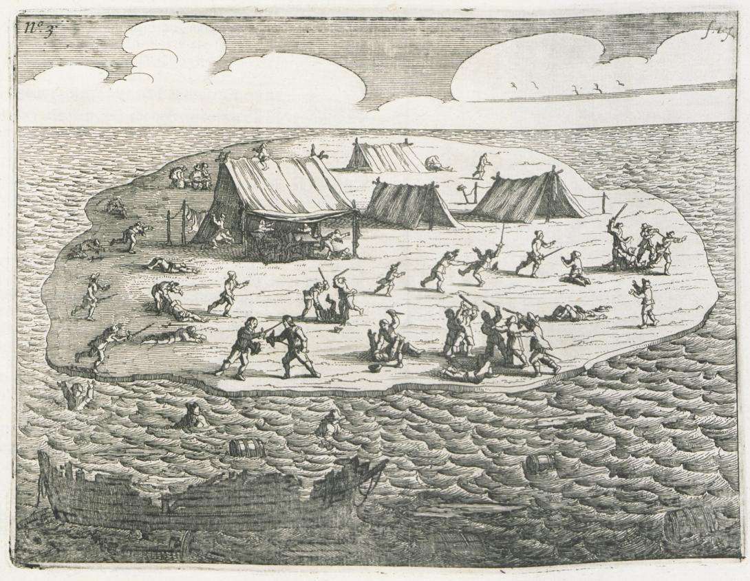 People fighting and killing one another on a small island surrounded by ocean.