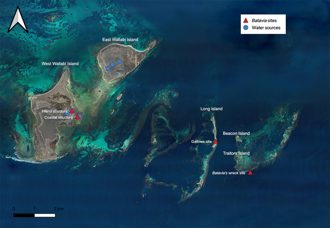 A map showing key locations in the Wallabi Group relating to Batavia.