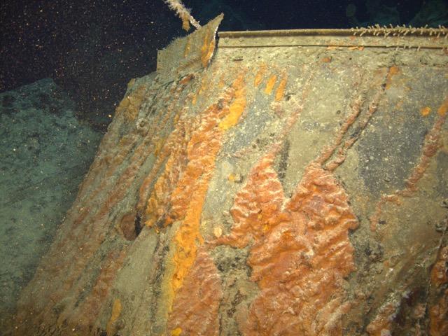 close-up of previously unseen 15cm shell hole through bridge
