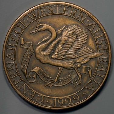 Bronze medal 'CENTENARY OF WESTERN AUSTRALIA 1929' with central design of a swan with wings outstretched and