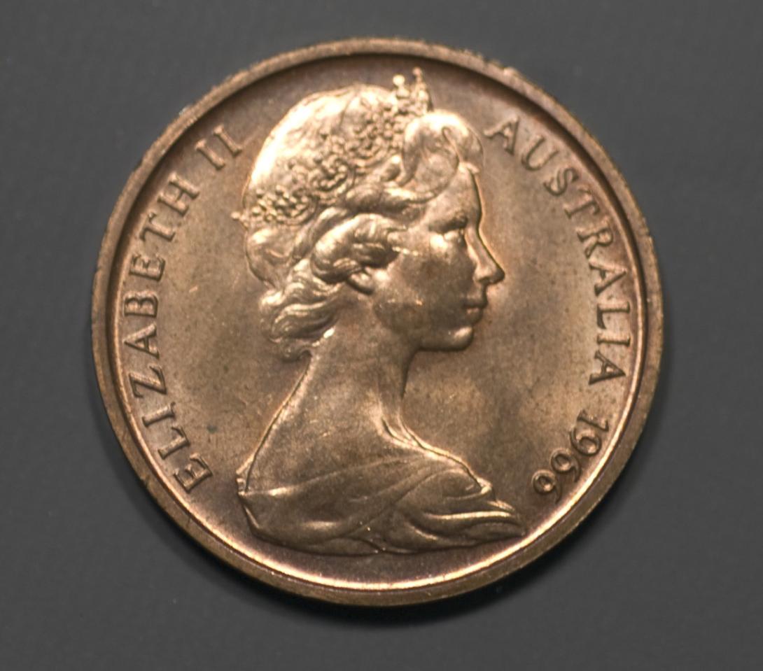Obverse of bronze one cent coin 'ELIZABETH II AUSTRALIA 1966' with bust of young Queen Elizabeth II wearing a diadem