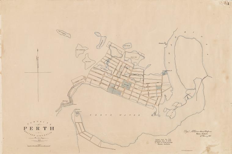 1838 hand drawn and coloured map 'Townsite of Perth in Western Australia' by A. Hillman showing the original layout for the streets of perth drawn over existing swamplands.