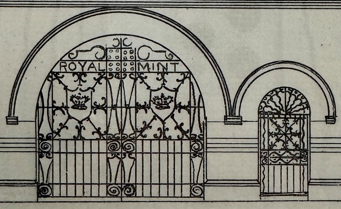Detail from hand drawn architectural elevation of the front of wrought iron vehicle and pedestrian entrance gates 'P.W.D W.A. 4446 / 16'; vehicle gate design features 'ROYAL MINT' across the top with central crown on each side