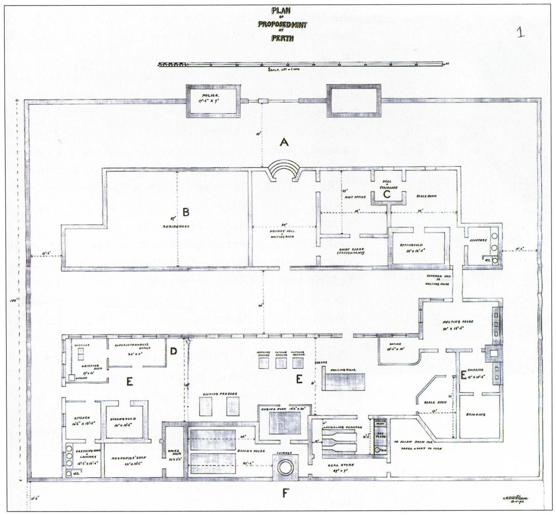 Black and white hand drawn architectural sketch 'Plan of Proposed Mint at Perth' dated 13.11.1895