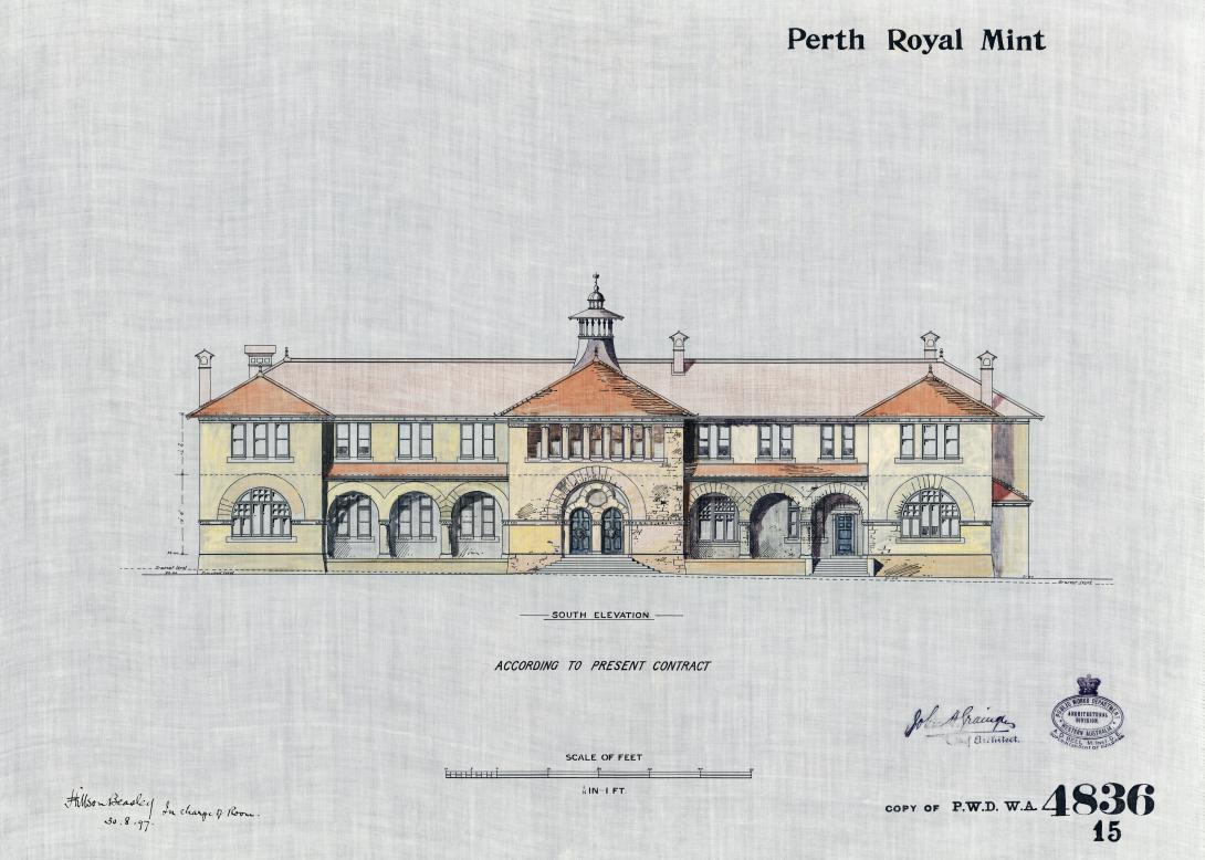 Coloured architectural sketch of impressive two storey building with light facade with arched arcade on lower level with orange tiled roof and green doors