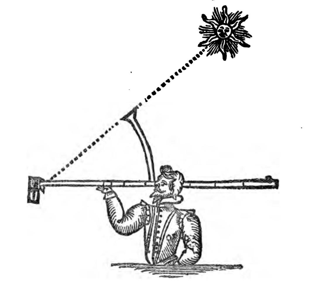Ink hand drawn image of the top half a man holding a long stick and the sun in the sky.