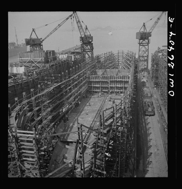 Liberty ship in the early stages of construction at Bethlehem-Fairfield shipyard, 1943.