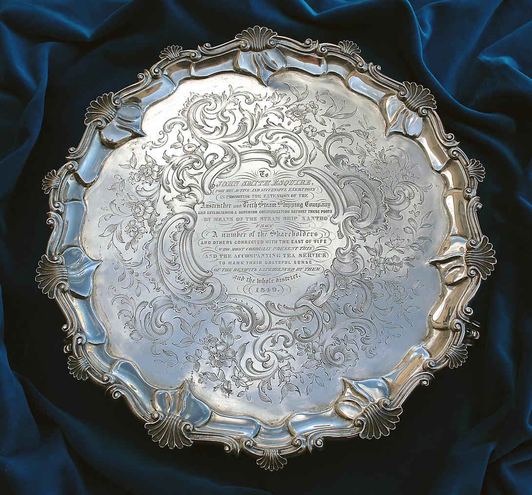 Platter presented to John Smith in 1849 for his work with the Anstruther and Leith Steam Shipping Company, with mention of Xantho.