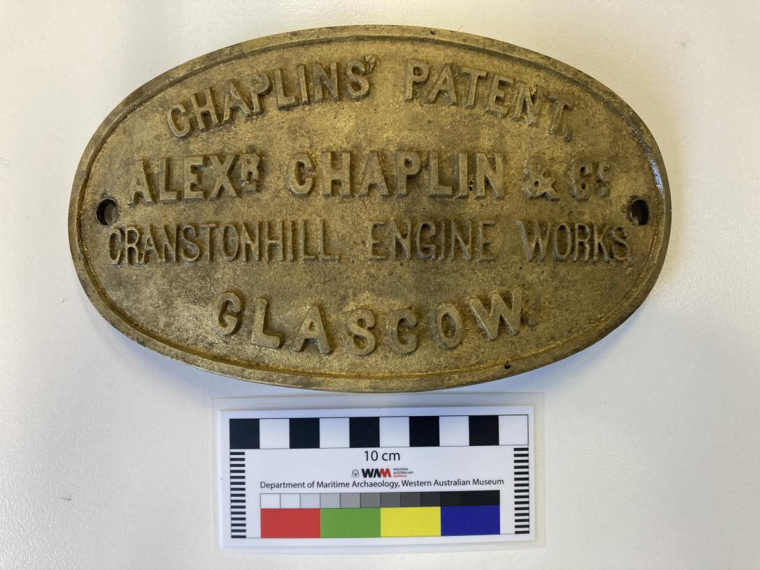 Alexander Chaplin & Company’s name plate found on the distiller during conservation treatment