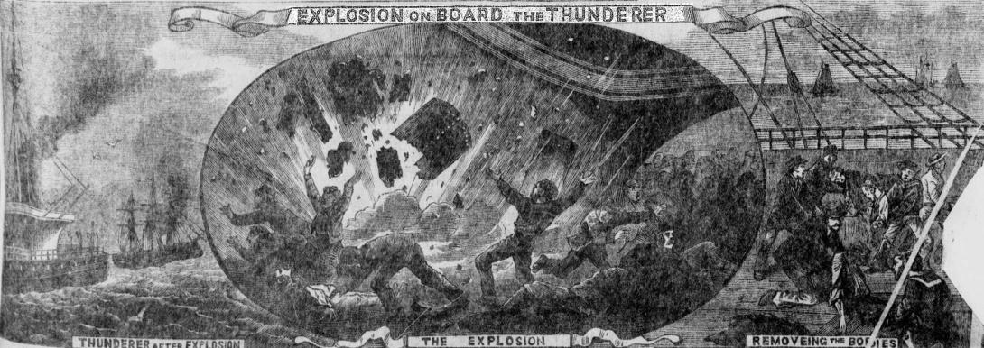Black and white illustration of an explosion on board a ship with debris flying out and men falling away with the impact.