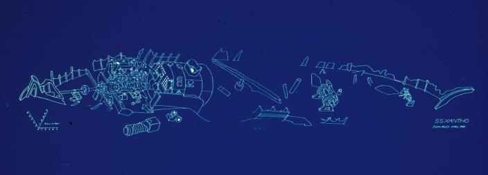 White illustration on blue background with the outline of pieces of a wreck as located on the seabed.