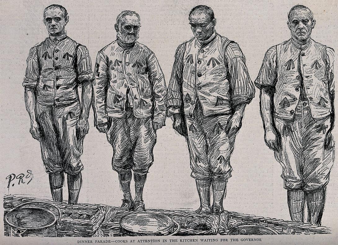 Drawing of four unhappy men standing side by side.