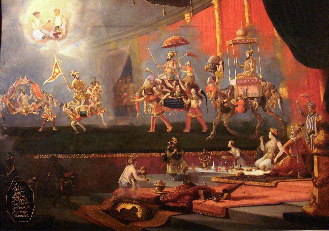 Image of painting set in the 17th Centurty, with people feasting in the foreground, and in the background a mythical looking image of men mounted on horses and other creatures holding flags heading towards each other, and others standing alongside