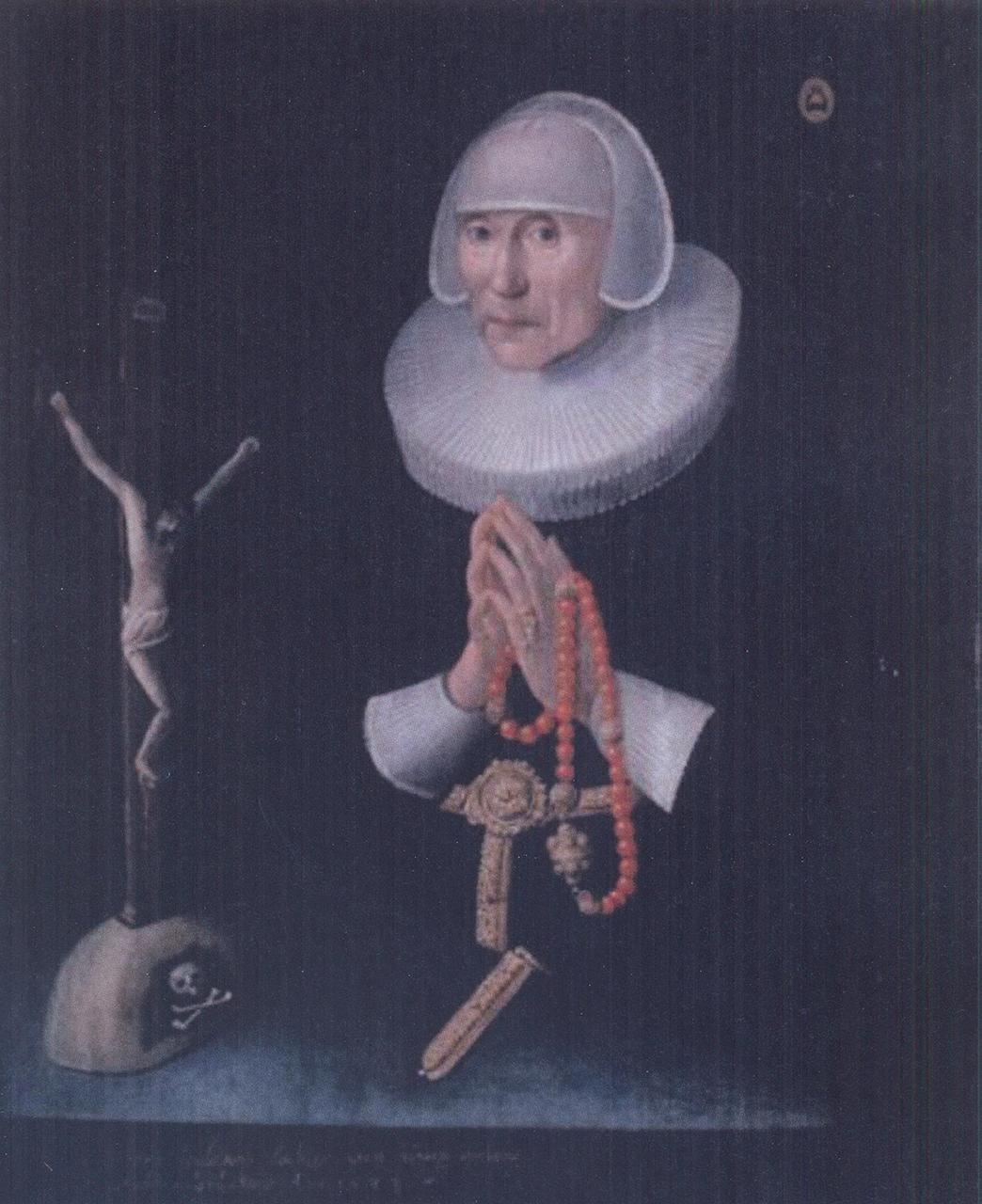 Painting of stern looking older woman with big frilly white collar standing in front of a crucifix with Jesus hung on the cross, and skull and cross bones at his feet, with her hands set in a prayer pose and rosary beads hanging from them.