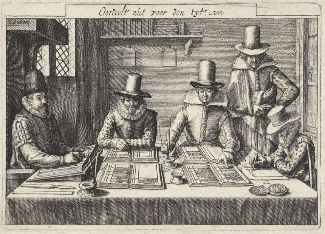 A drawing of well-dressed Dutch men at a table writing in large books. Their writing equipment looks similar to what is on display in the Museum.