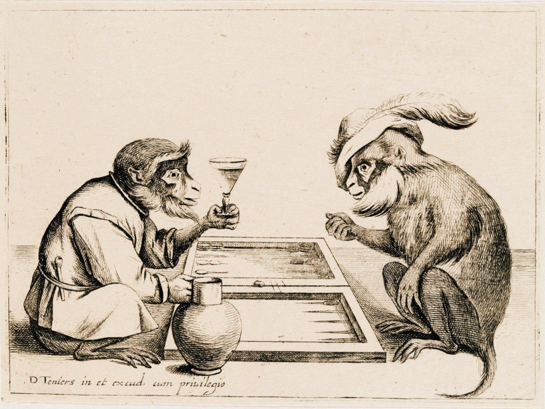 A drawing of two monkeys dressed in human clothing at either side of a game board. One is holding a glass of wine.