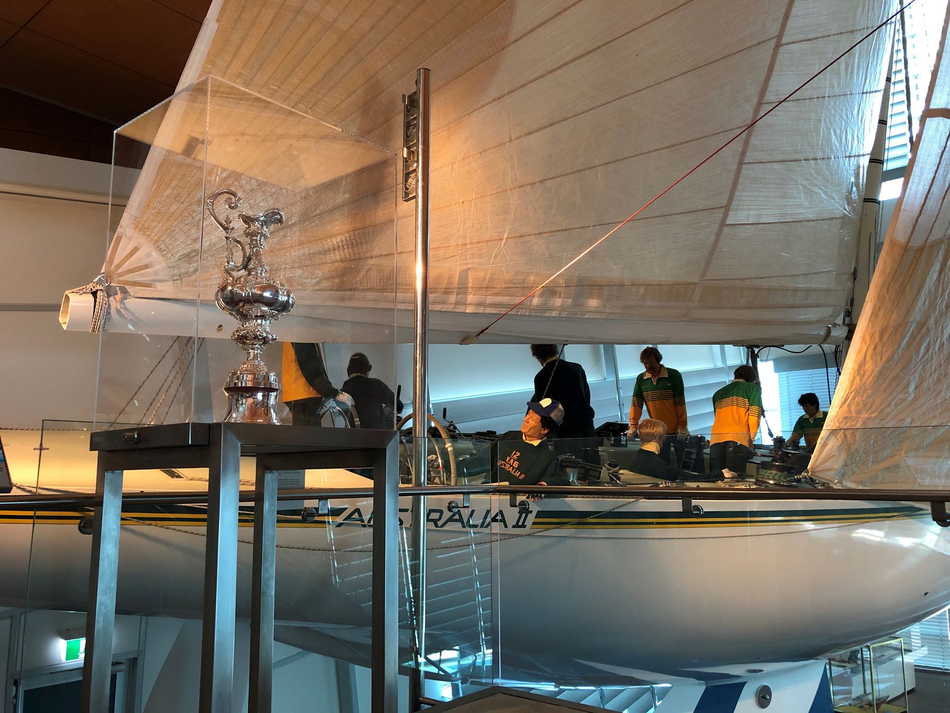 The Australia II on display in the gallery, the America's Cup replica in the foreground.