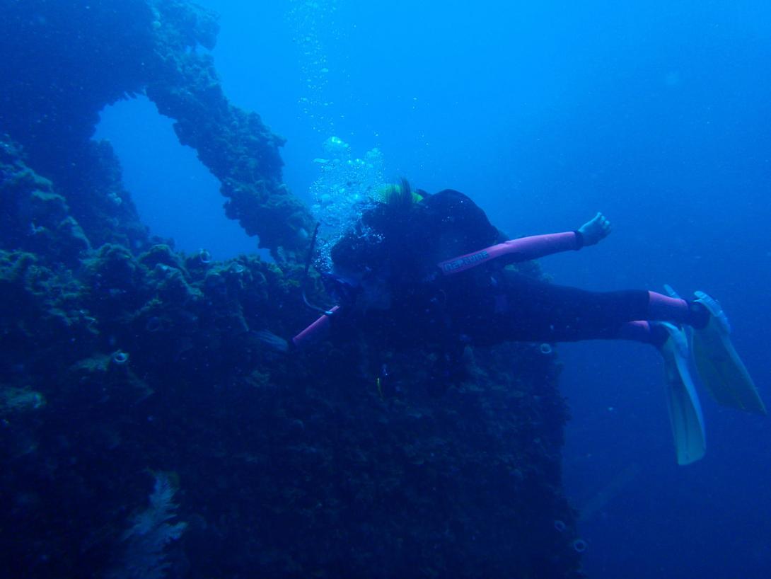 A large shipwreck underwater covered in accretions, a diver reaches out a hand to touch it.