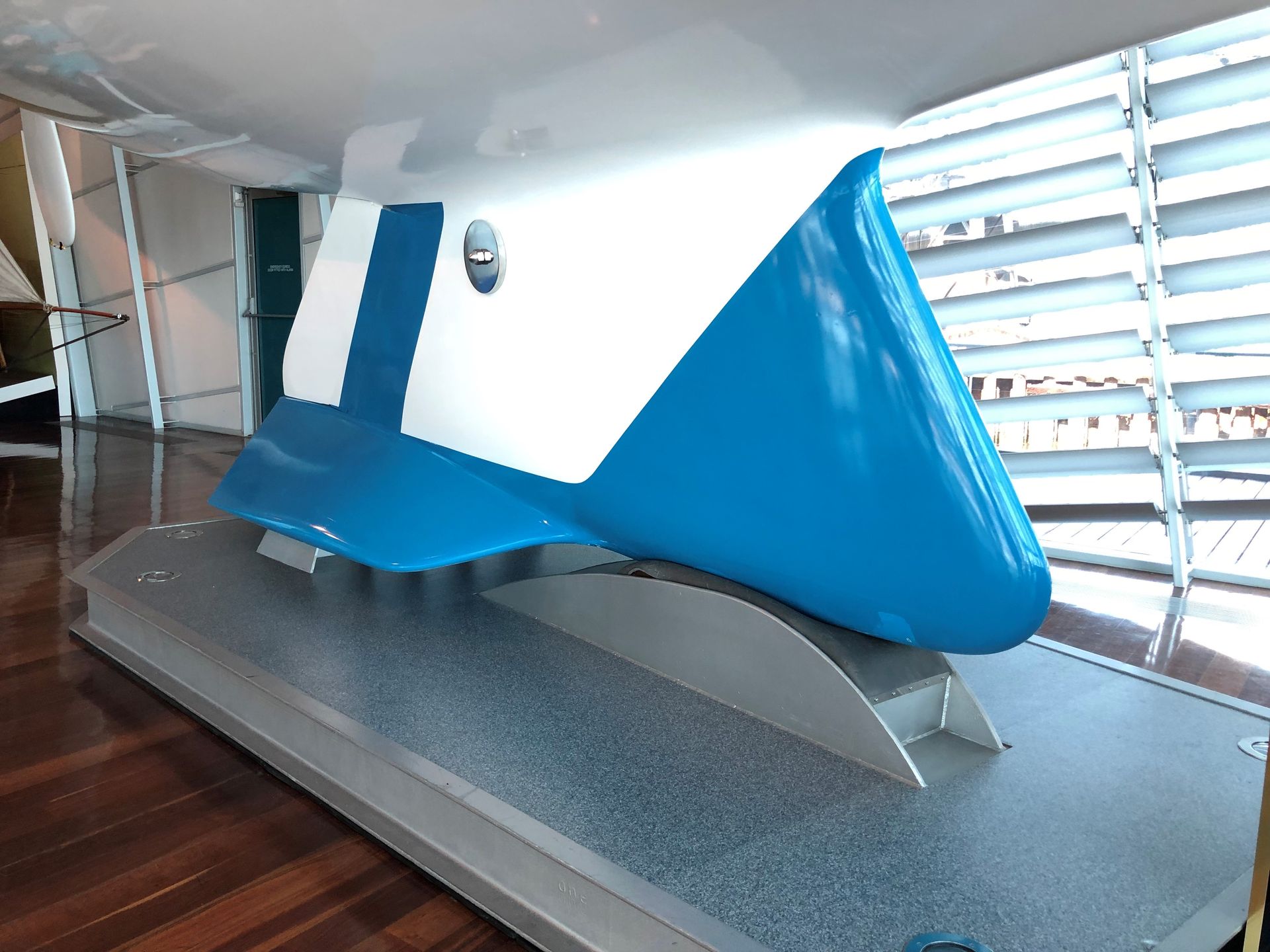 The blue and white keel underneath the Australia II.