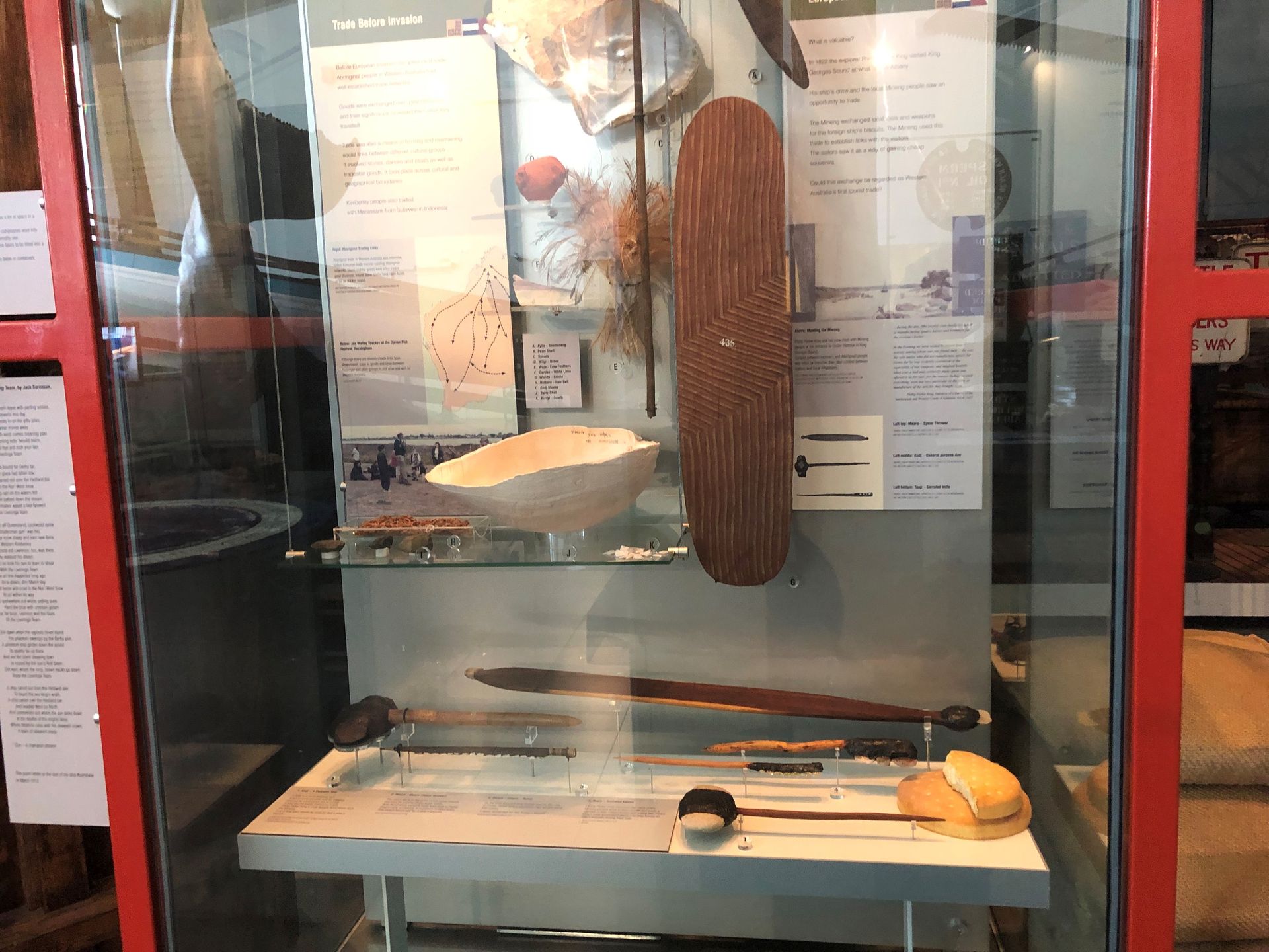 A tall mMuseum display case holds many artefacts and weapons, the most prominent a wooden shield about the size and shape of a skateboard, hanging vertically.