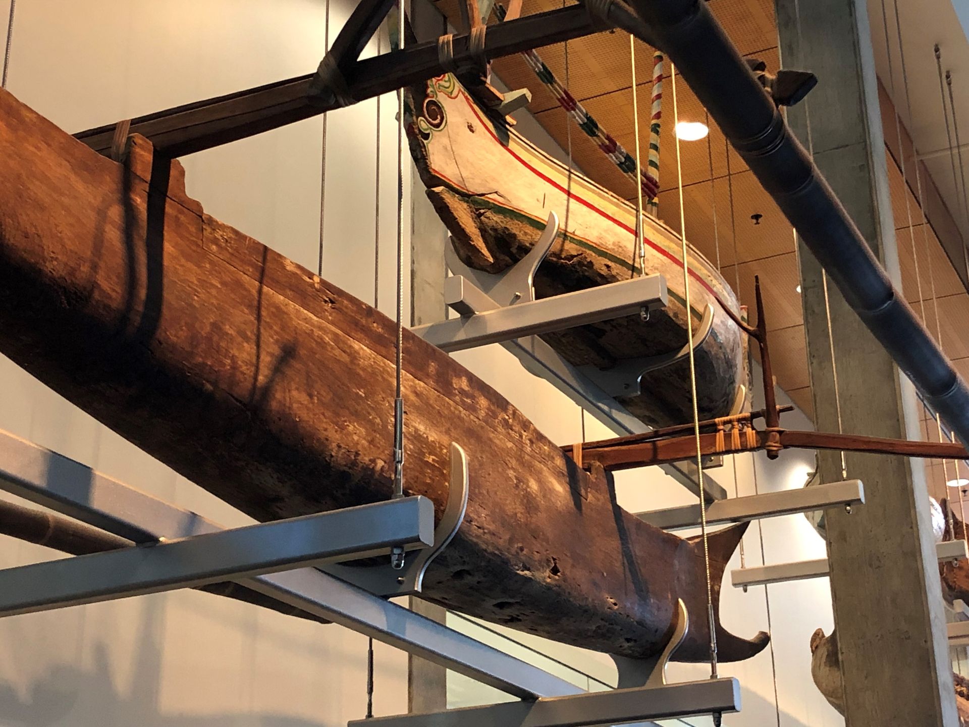 Two small wooden canoes, suspended for display in the Museum.
