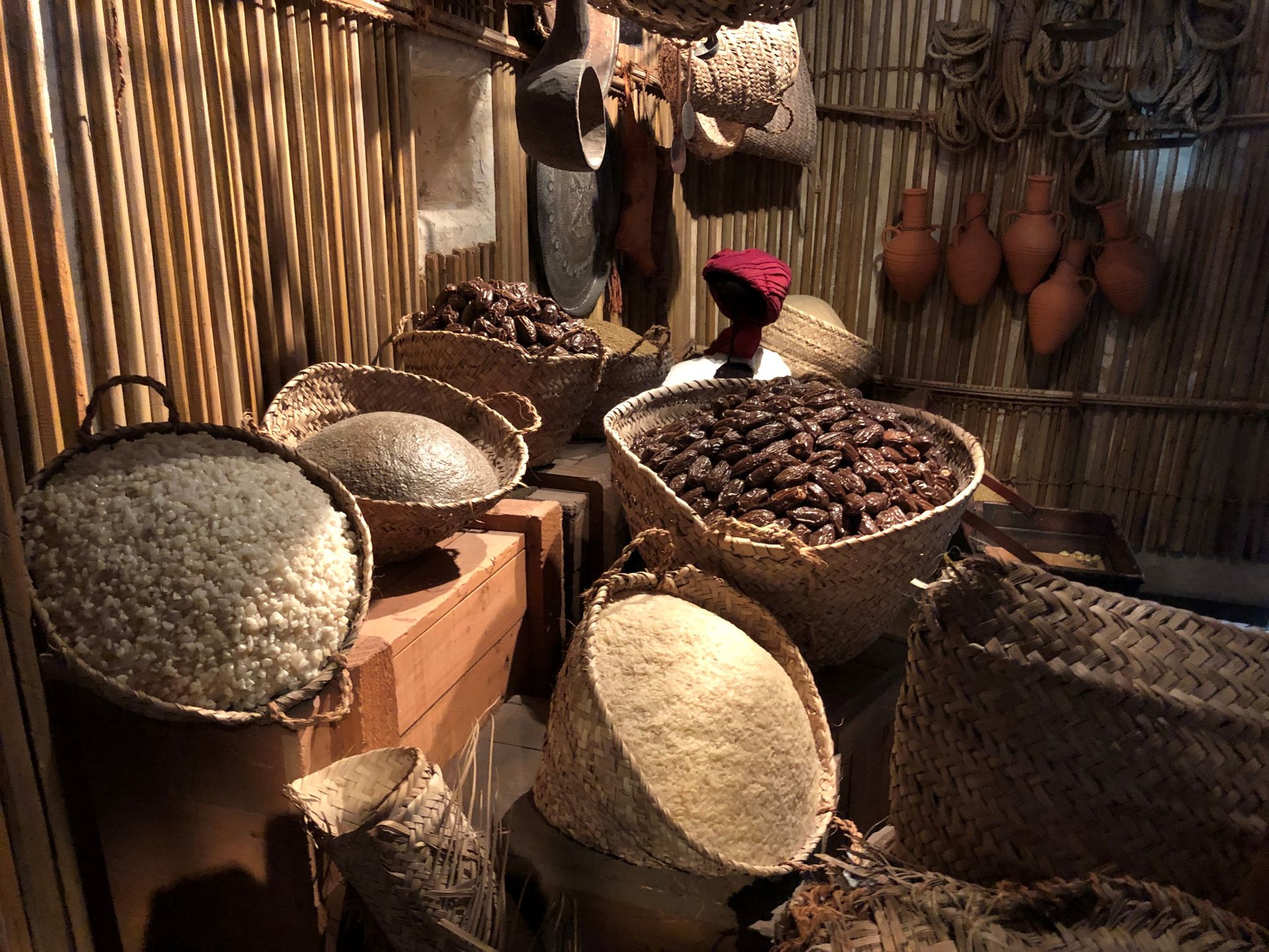 Baskets of goods on display in the replica marketplace in the Museum.